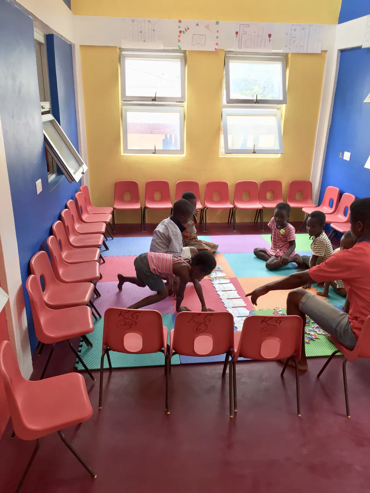 The library's story time space with chairs arranged in a circle
